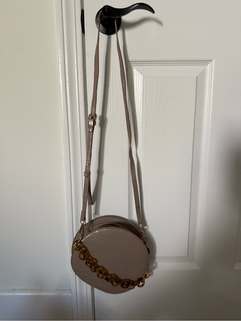 Madison West Taupe Round Crossbody Bag with Tortoiseshell Chain